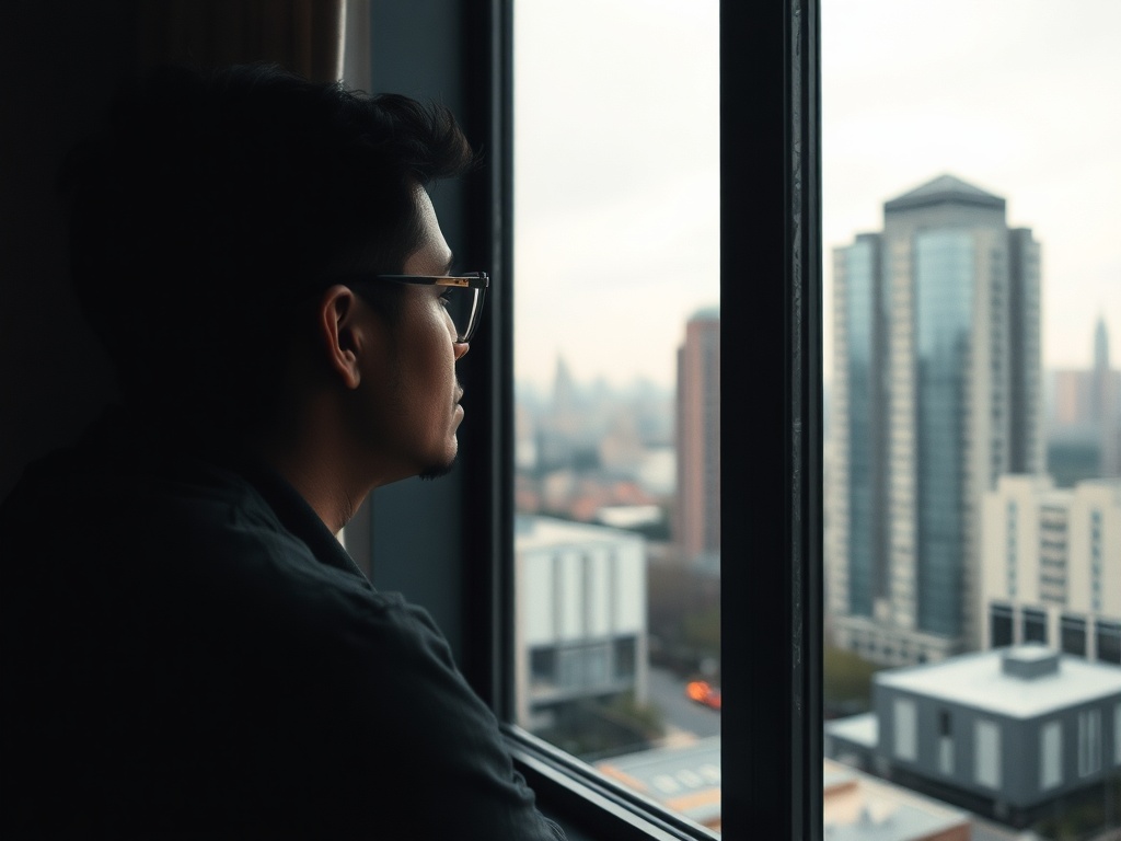 person pausing mid-day by a window, city softly blurred outside, reflective mood