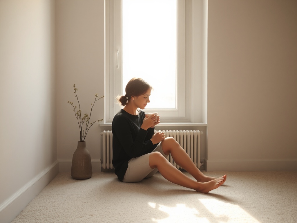 soft morning light through a window, a person sitting quietly with a cup of tea, minimal calm interior, muted tones