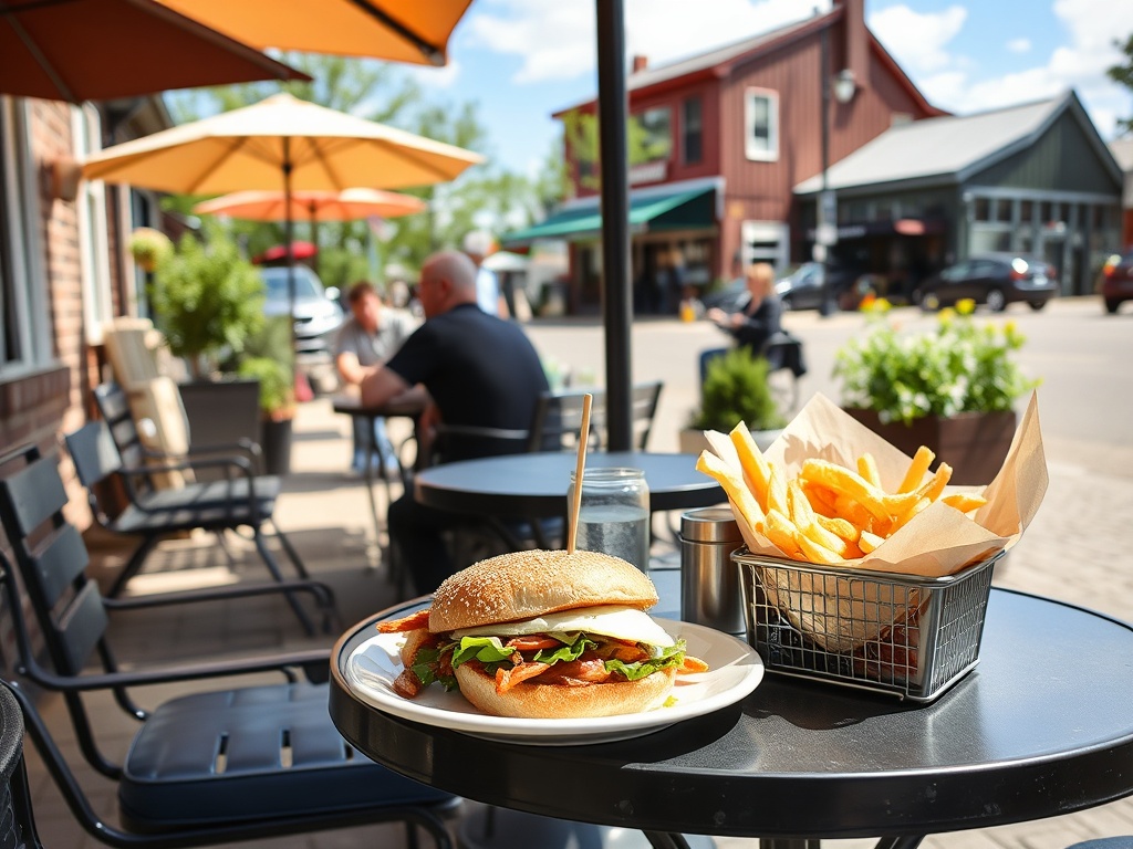 casual patio lunch in small Ontario town, sandwich and fries, relaxed outdoor seating, sunny day