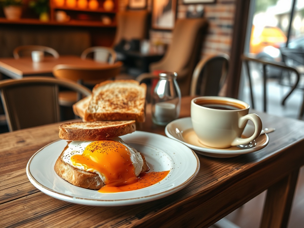 cozy local cafe breakfast in Ontario, eggs, toast, coffee, rustic wooden table, warm lighting