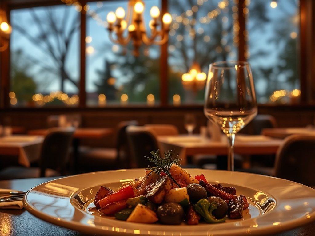 evening dinner setting cozy restaurant Ontario, warm lighting, plated meal, inviting atmosphere