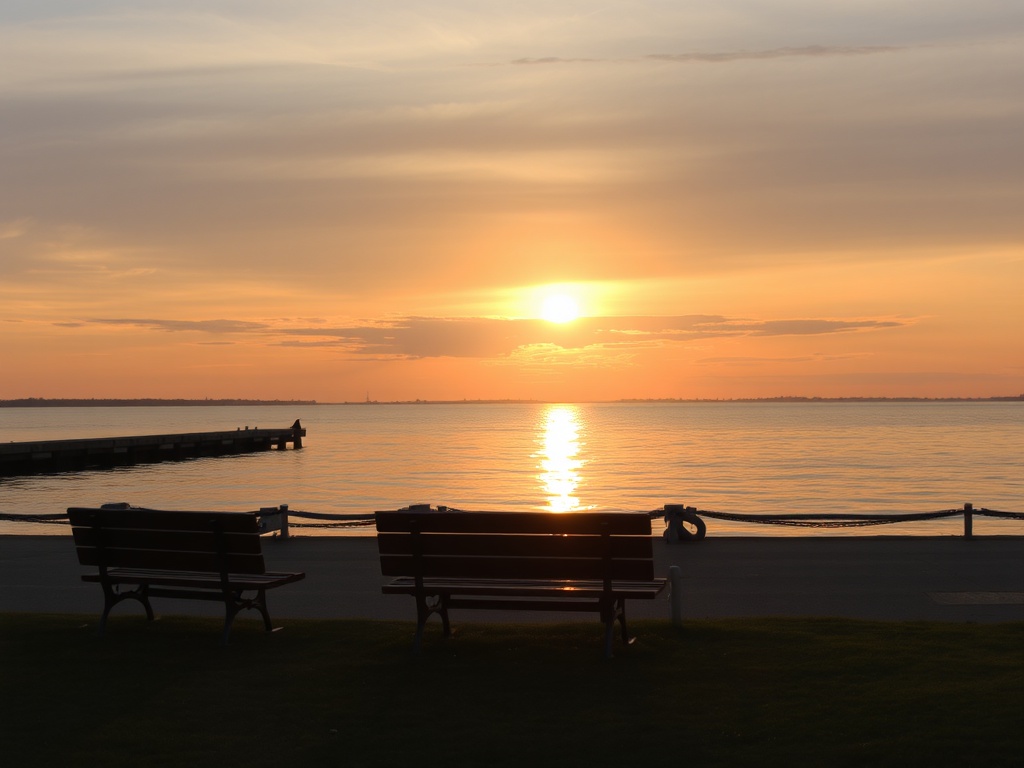 golden sunrise over Bay of Quinte waterfront, calm water, benches, soft morning light, peaceful Ontario scenery