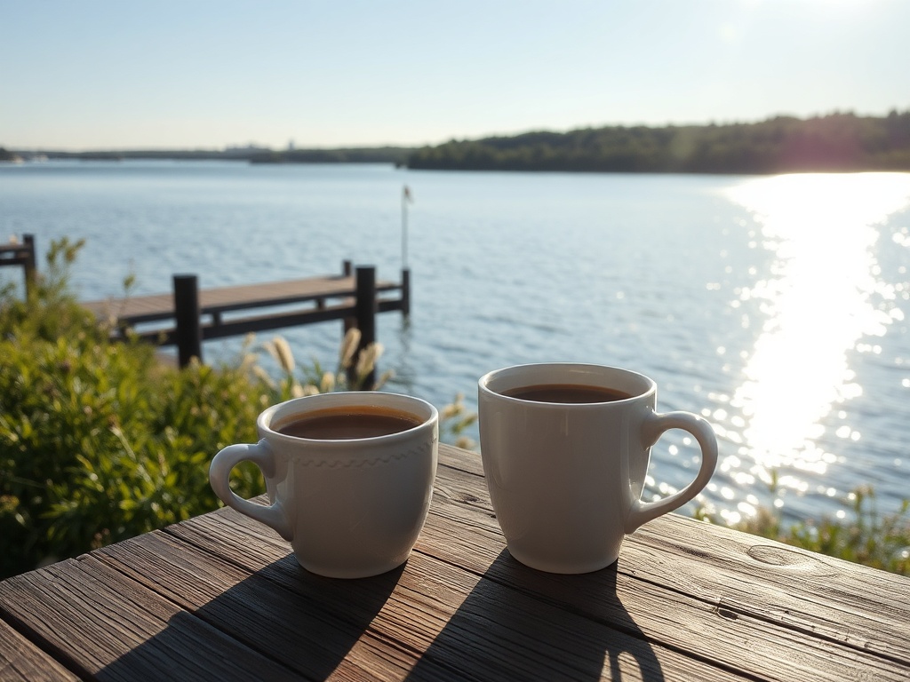 morning coffee overlooking water Ontario, second day relaxed vibe, soft sunlight