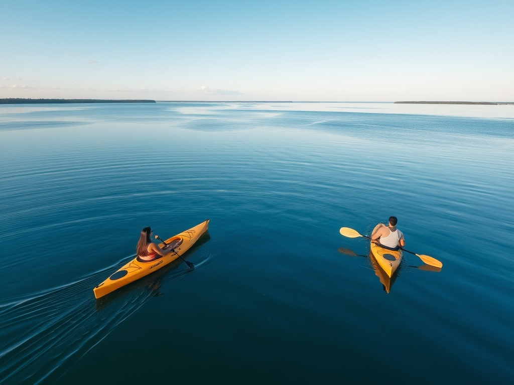 people kayaking on calm Bay of Quinte water, blue sky, summer day, peaceful recreation