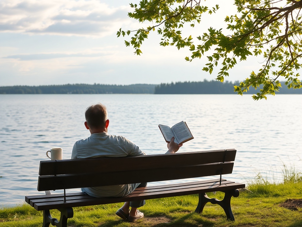 person relaxing on lakeside bench reading book, peaceful afternoon, soft breeze, Ontario nature