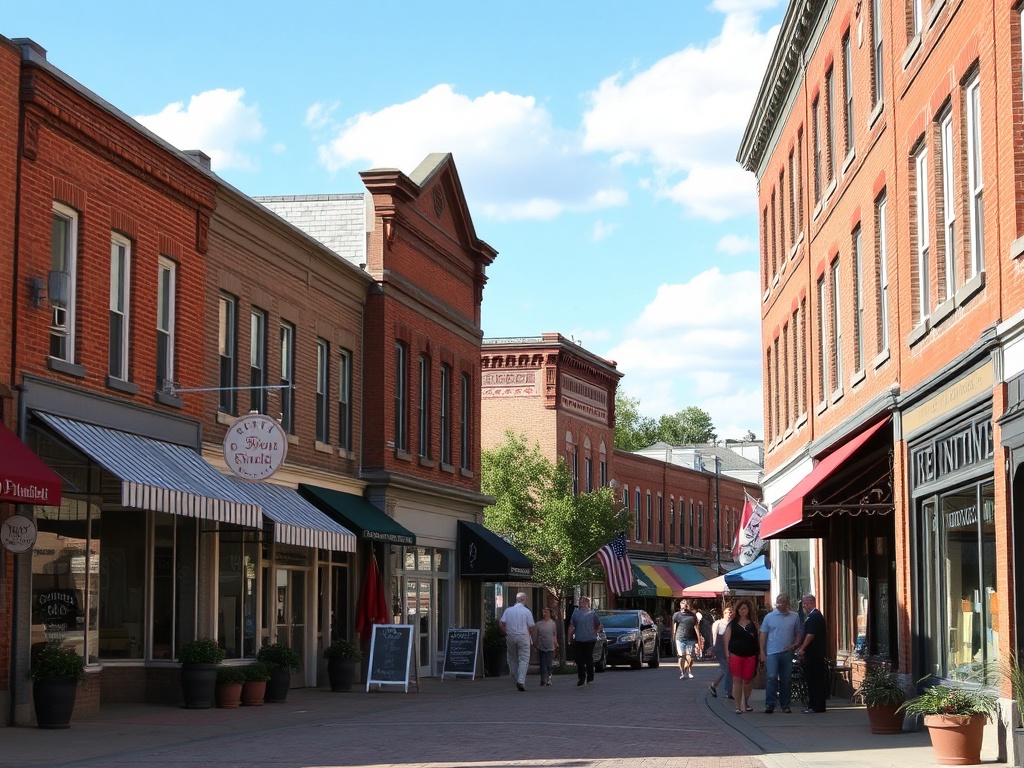 small town Ontario main street, boutique shops, brick buildings, relaxed afternoon vibe