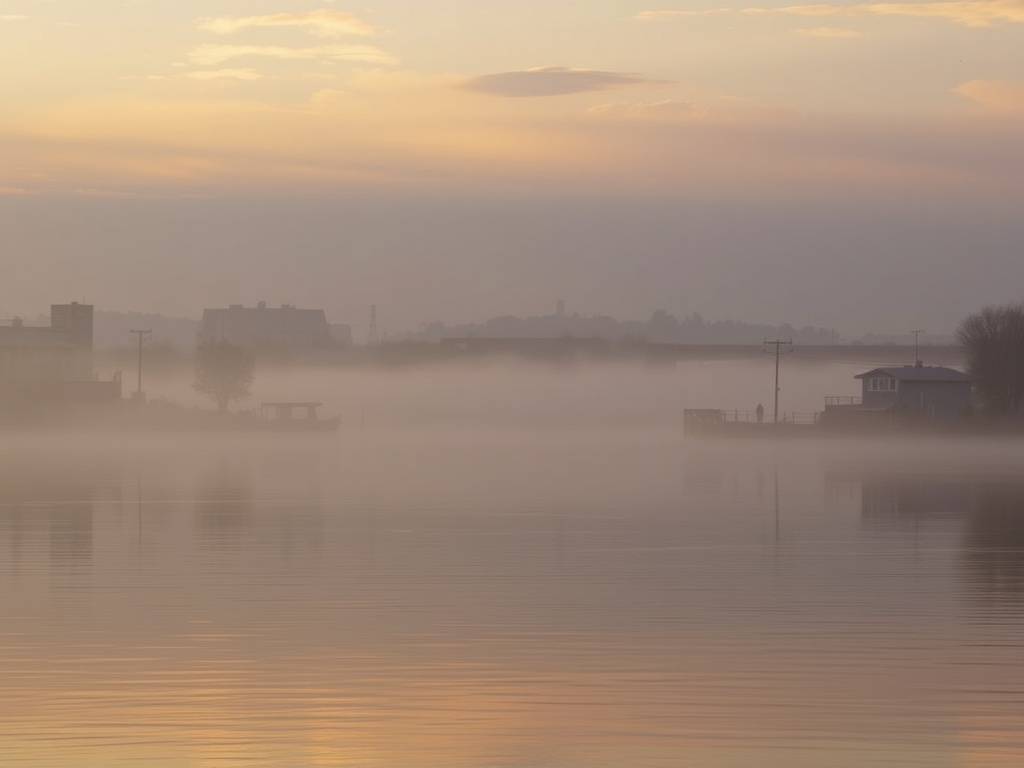 early morning Trent River waterfront in Quinte West with soft golden sunlight, mist over calm water, peaceful small-town Ontario atmosphere