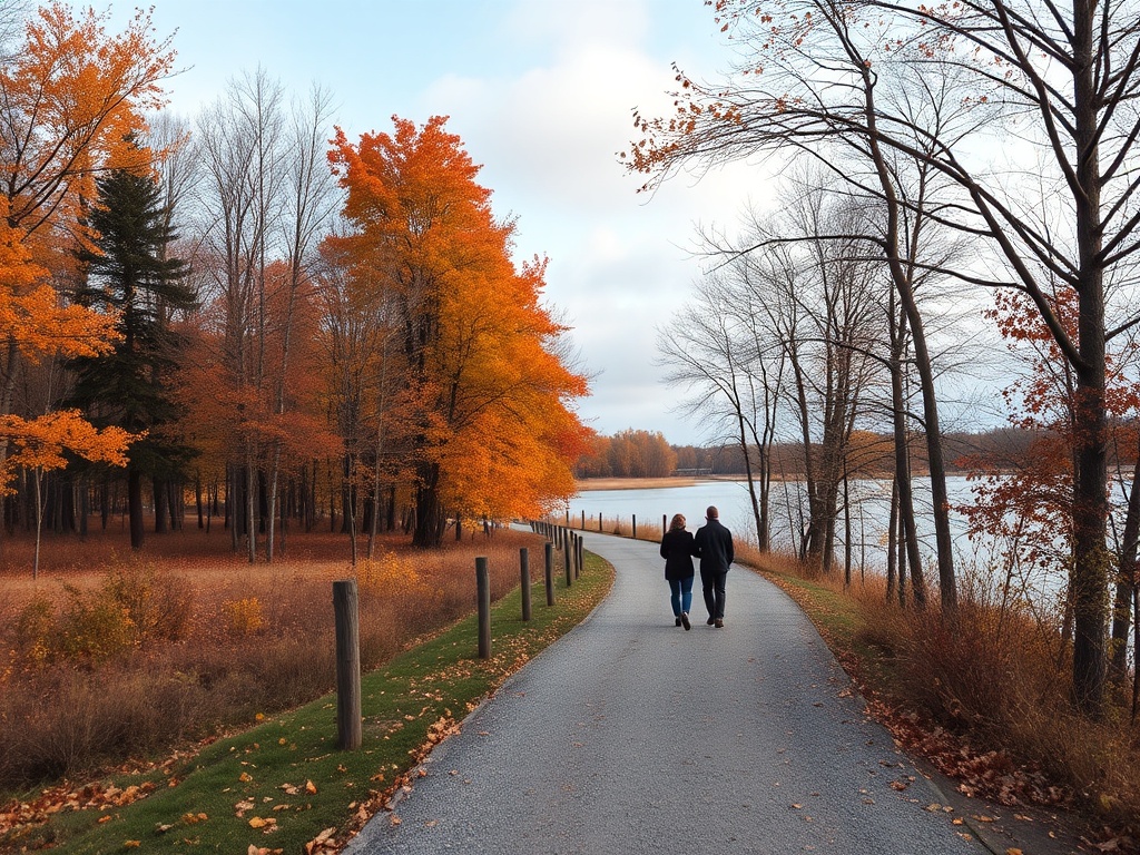 scenic walking trail near water in Ontario with autumn trees, couple walking peacefully, quiet nature escape vibe