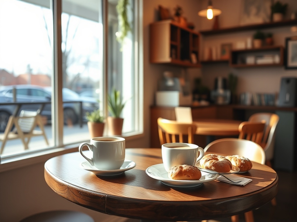 small cozy Ontario cafe interior with sunlight through window, fresh coffee and pastries on wooden table, warm inviting atmosphere