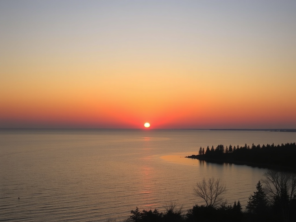 sunset over Bay of Quinte with orange sky reflecting on water, peaceful calm scenic Ontario view