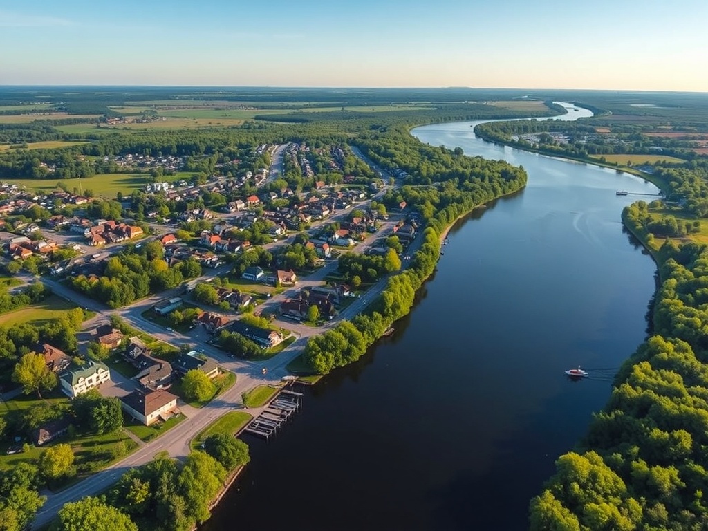 a beautiful aerial view of Quinte West with its lush landscape and waterway, showcasing small town charm and nature