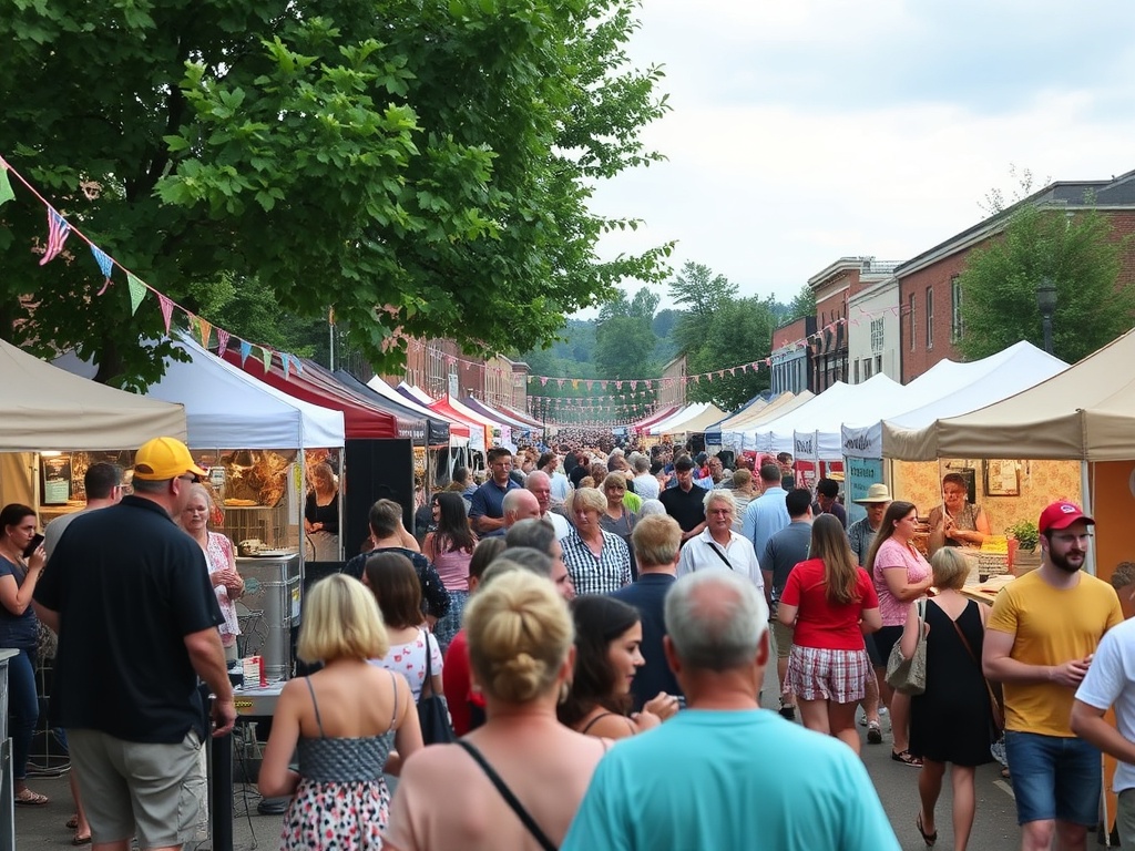 a lively festival scene in Quinte West with music, food stalls, and people enjoying the atmosphere