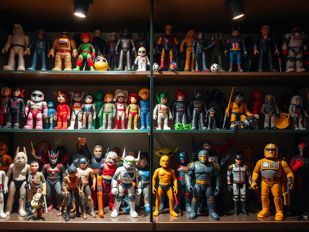 a dramatic shelf of mixed vintage and modern collectible toys with spotlight lighting, showing contrast between rare and common figures