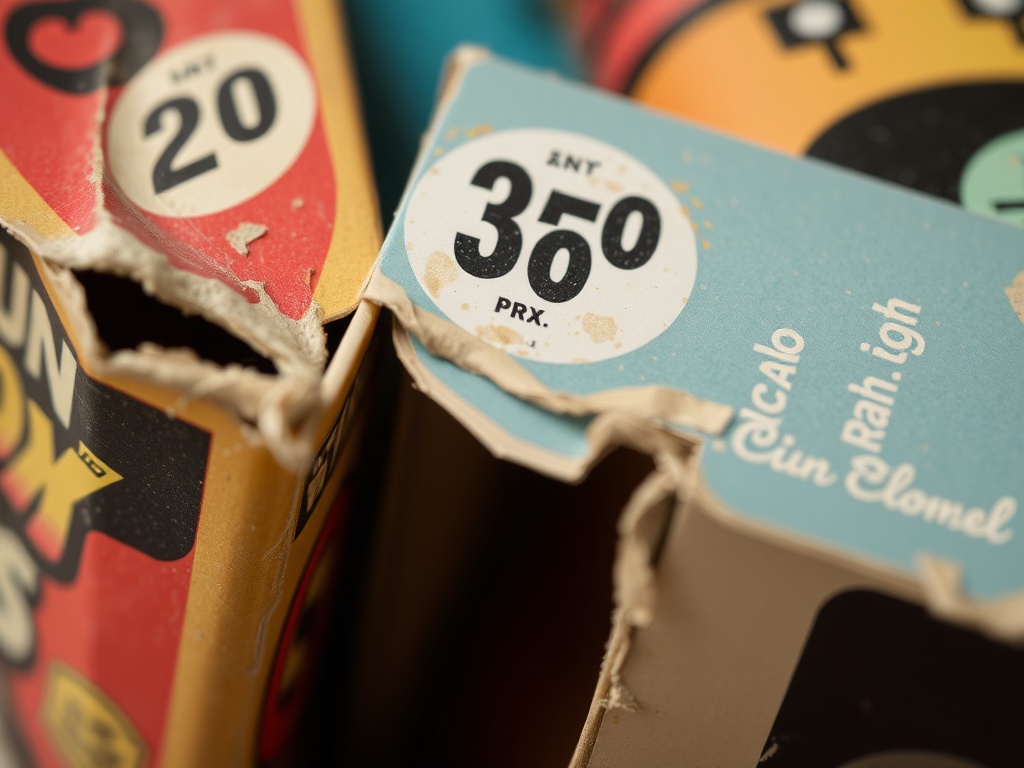 close-up of vintage toy packaging with visible wear, faded colors, and price stickers, emphasizing age and scarcity