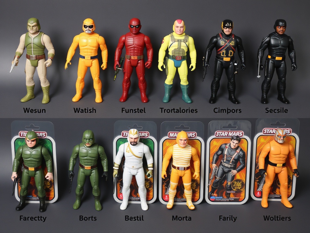 collection of similar action figures with slight color and packaging differences highlighting regional variants