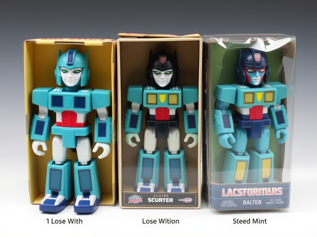 comparison display of the same toy in loose condition, boxed condition, and sealed mint condition side by side