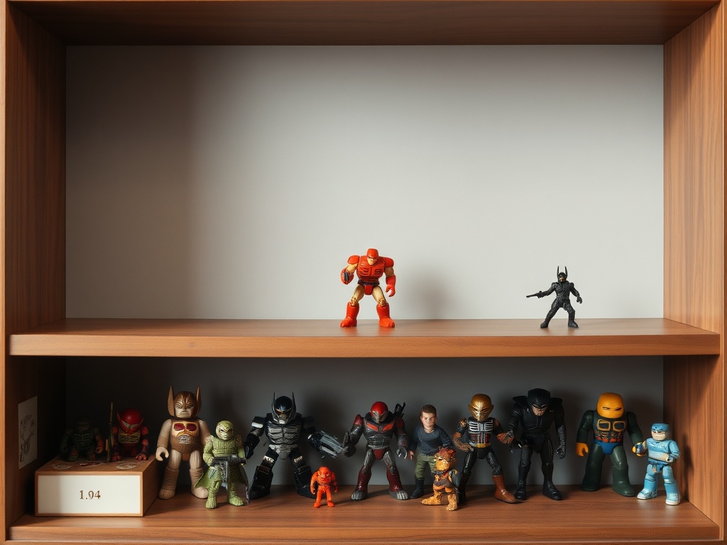 empty collector display shelf with a single rare toy missing spot, symbolizing scarcity and demand