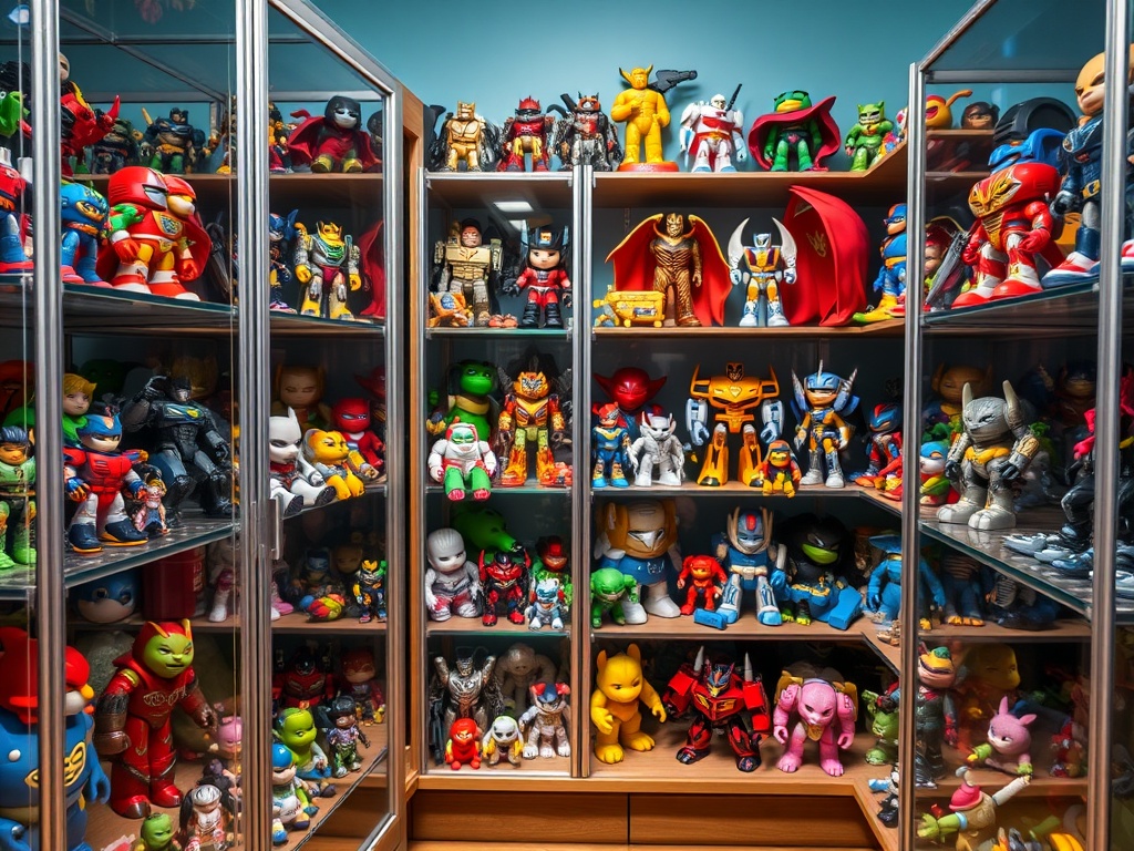 vivid description of a toy collection stored in protective display cases