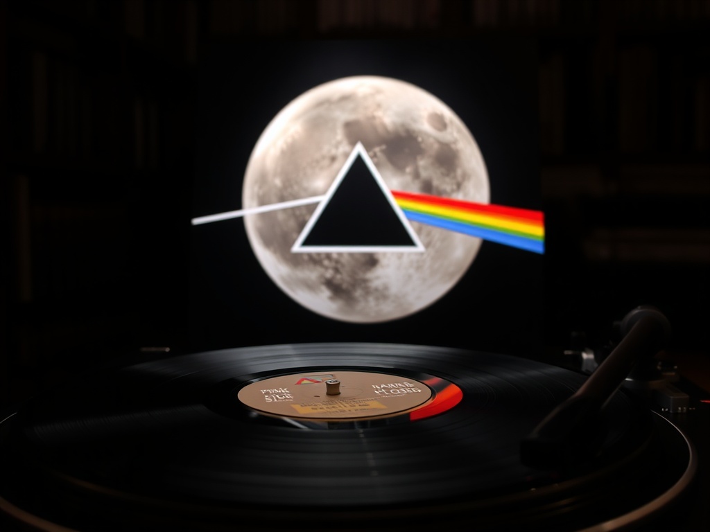 A close-up of the Pink Floyd Dark Side of the Moon album cover, with a vinyl record on a turntable in a dimly lit room.