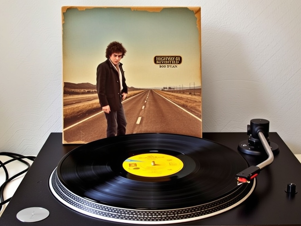 A vintage Bob Dylan Highway 61 Revisited album cover, with the vinyl record placed on a classic turntable.