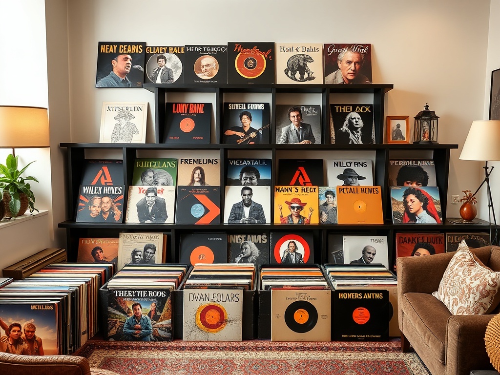 A visually stunning vinyl record collection displayed in a stylish living room, showcasing vintage and iconic albums in pristine condition.
