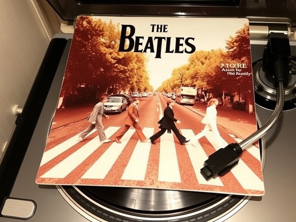 The Beatles Abbey Road album, vinyl spinning on a turntable, iconic cover art visible.