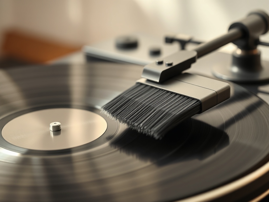 carbon fiber record brush sweeping across spinning vinyl on a modern turntable, soft natural lighting