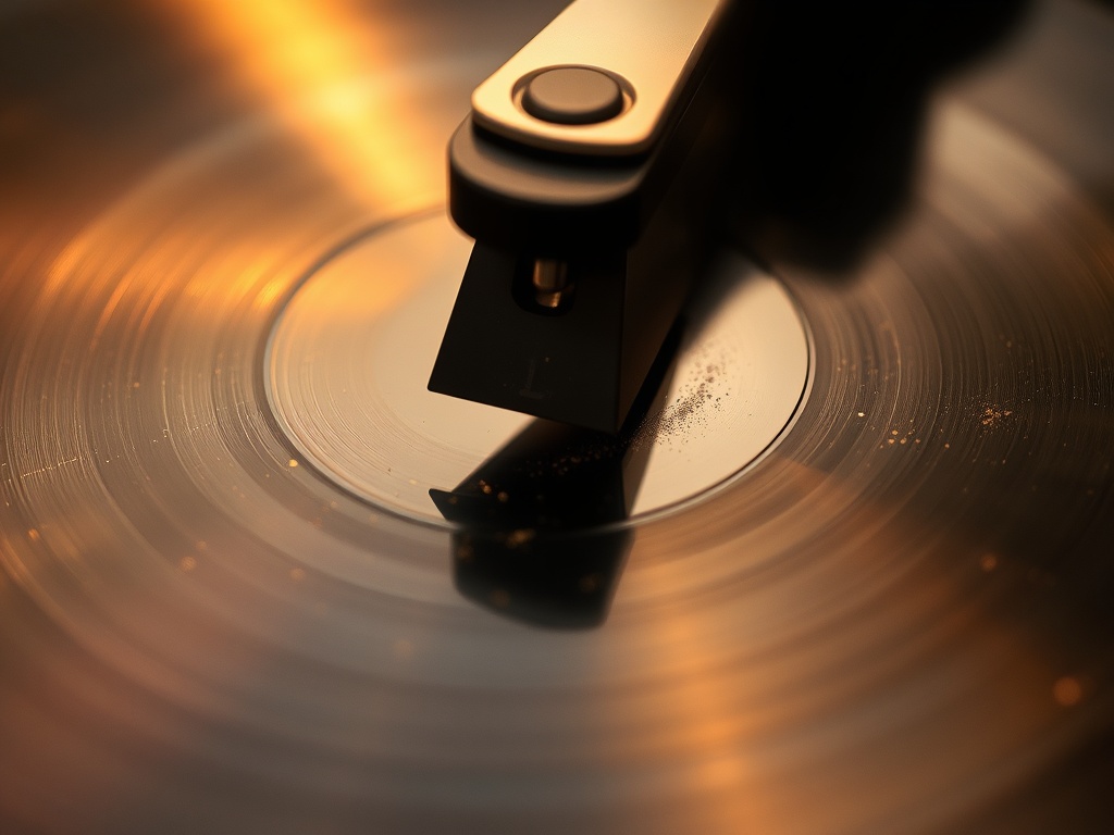 close-up of a vinyl record with visible dust particles under warm light, stylus hovering above groove
