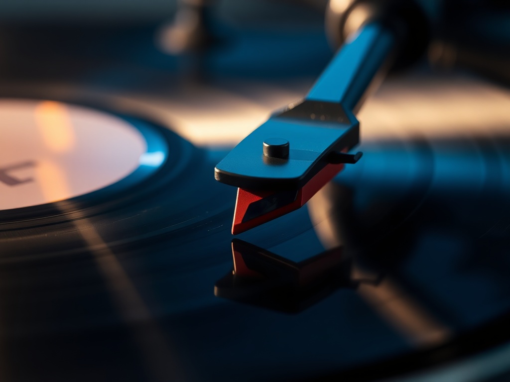 macro shot of turntable stylus touching a perfectly clean vinyl groove, dramatic lighting