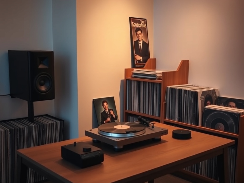 minimalist listening room with turntable setup, vinyl records neatly organized, warm ambient lighting
