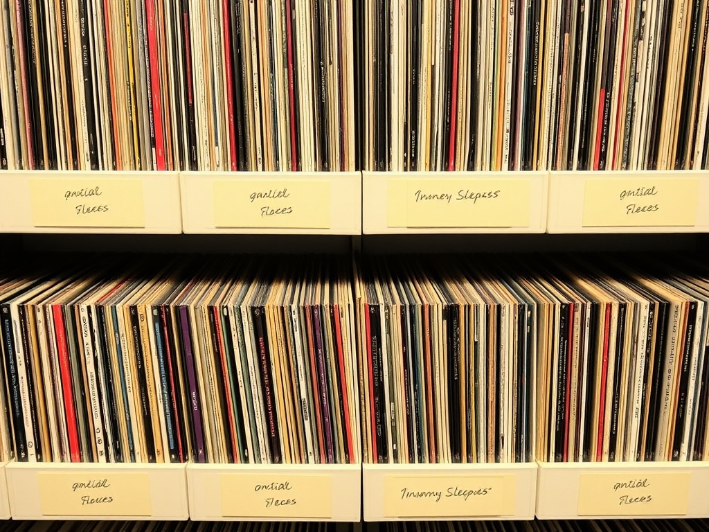organized vinyl collection with inner sleeves, anti-static sleeves, and labeled records on shelves