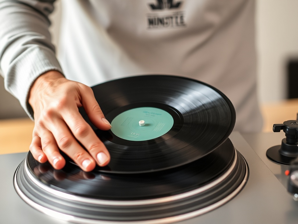 person carefully holding vinyl record by edges, placing it onto turntable platter, emphasizing proper handling
