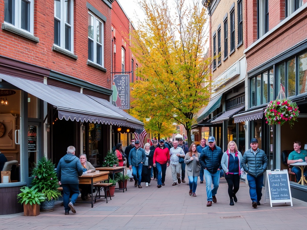 A cozy corner of Red Deer, with people walking in the downtown area, surrounded by small shops and cafes.
