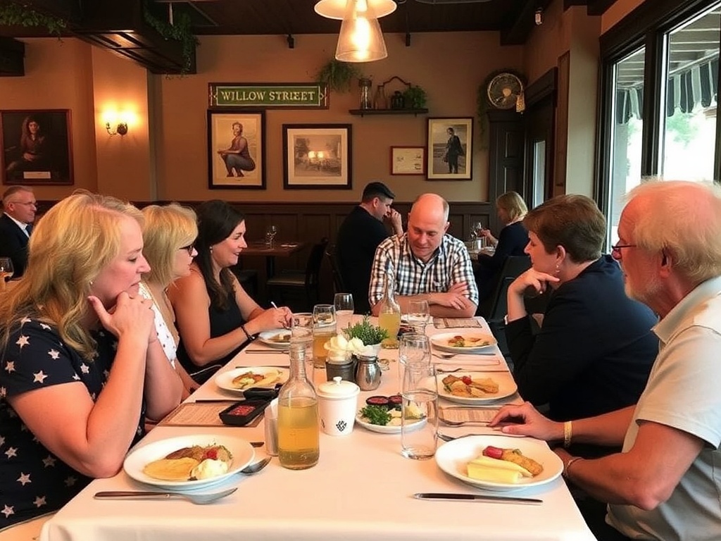A cozy dinner setting at Willow Street Café, with patrons chatting over a meal in a peaceful atmosphere.