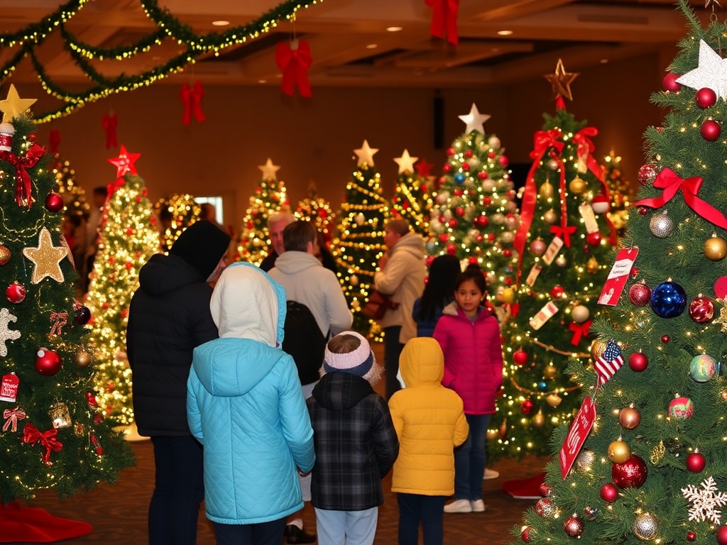 A festive atmosphere at the Festival of Trees, with families admiring decorated Christmas trees.