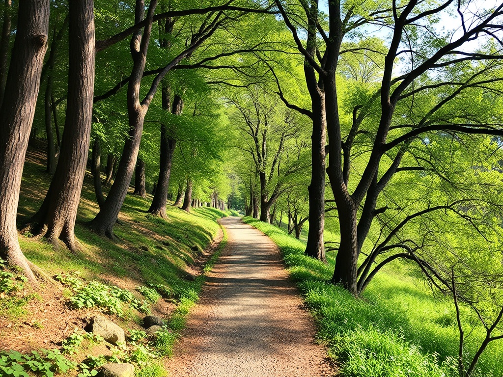 A peaceful walking trail through Kin Kanyon, surrounded by trees and lush greenery.