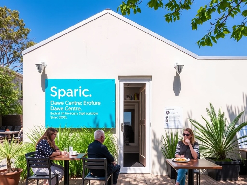 A small outdoor café at the Dawe Centre, with patrons enjoying coffee and pastries on a sunny day.