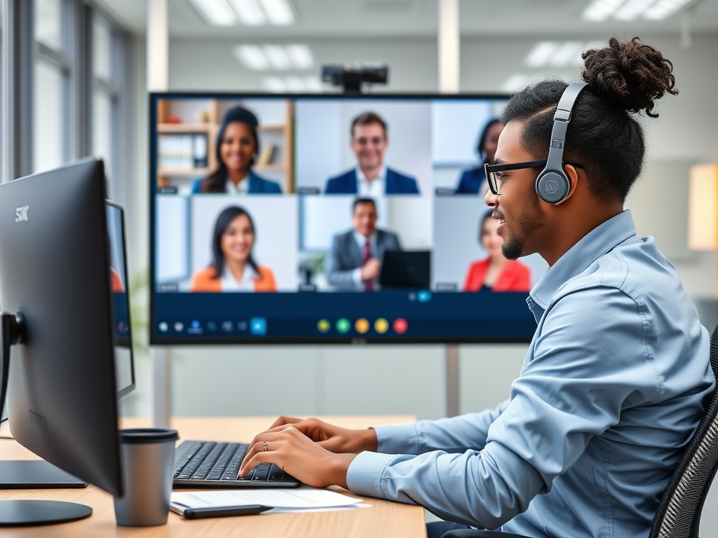 A career professional in an office setting, engaging in a virtual meeting