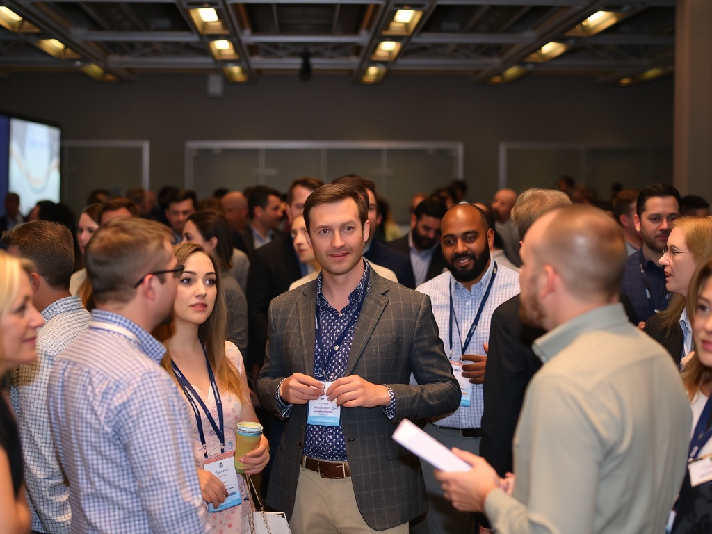 A group of professionals networking at an industry event