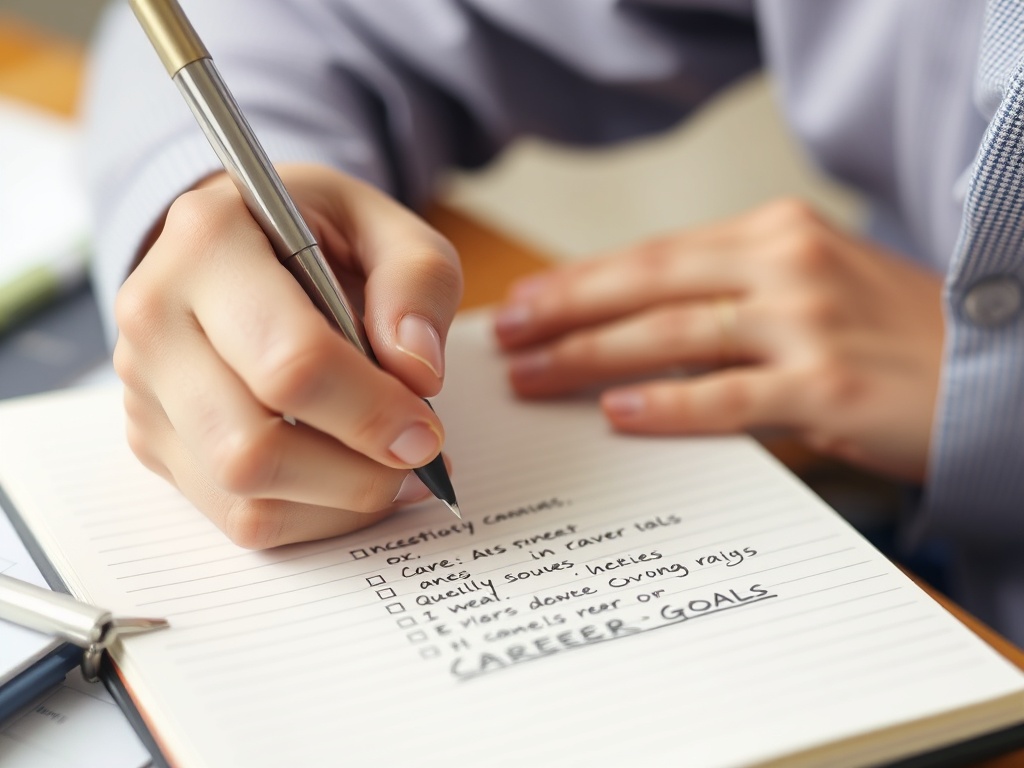 A person writing career goals in a notebook with a focused expression