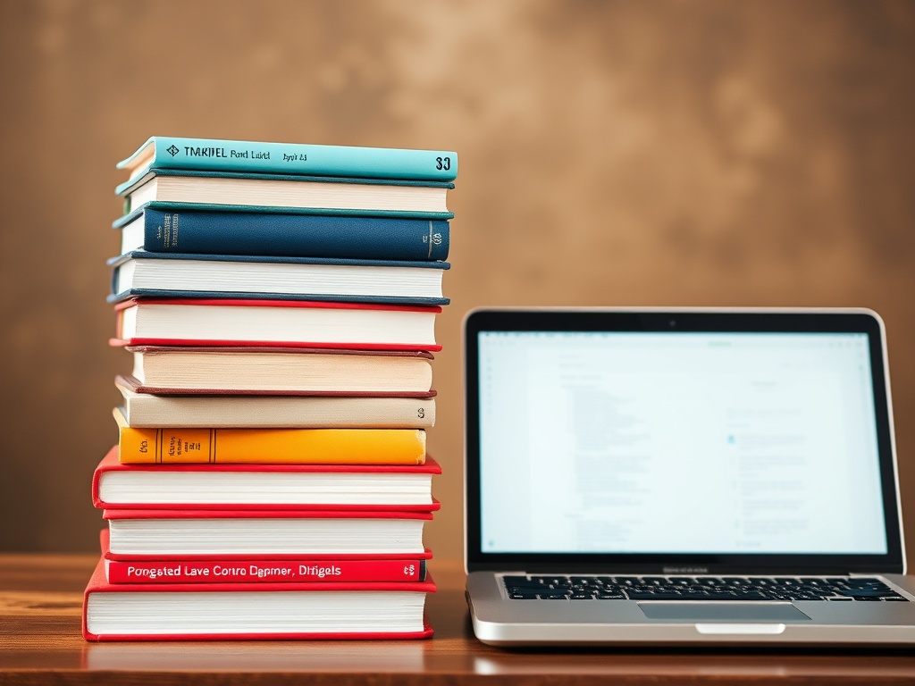 A stack of books and a laptop symbolizing learning and professional development