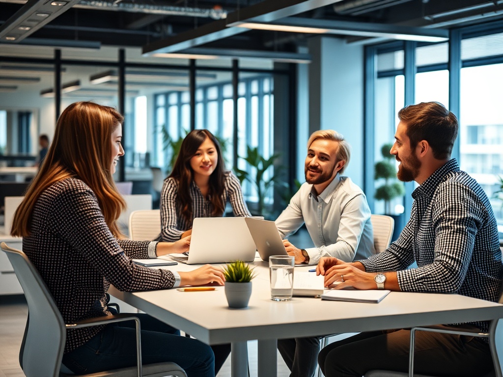 A team collaborating and communicating effectively in a modern office