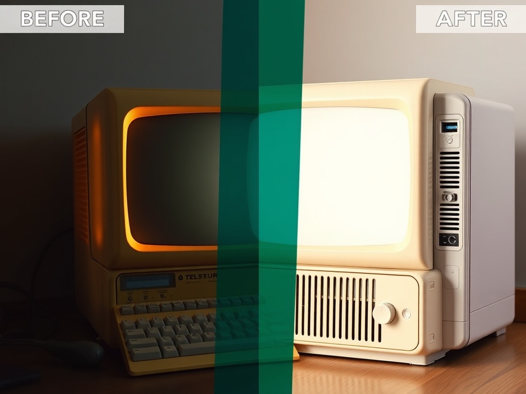 before and after yellowed retro computer plastic restoration comparison, dramatic lighting