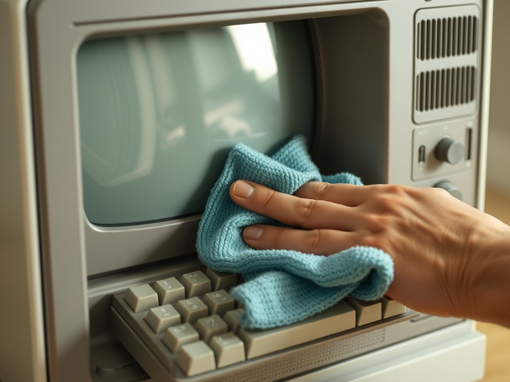cleaning vintage computer case with microfiber cloth, careful hands, soft lighting