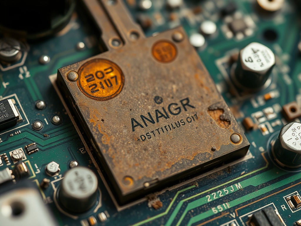 close-up of vintage computer motherboard with corrosion and dust, detailed macro photography