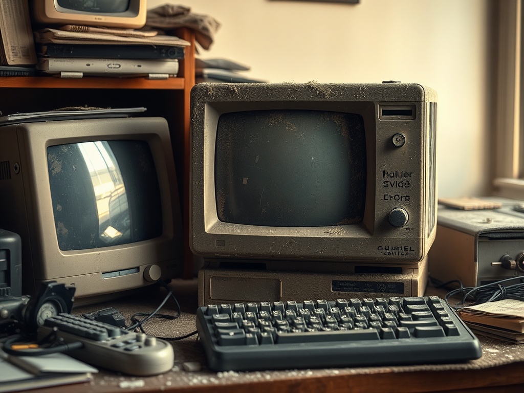 dusty vintage computer before cleaning, cluttered desk, soft warm lighting, nostalgic tone