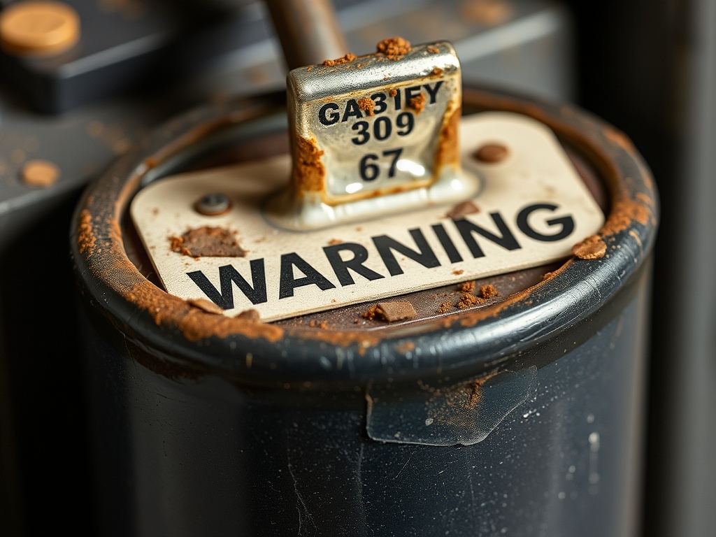 old computer capacitor close-up showing bulging top, warning sign