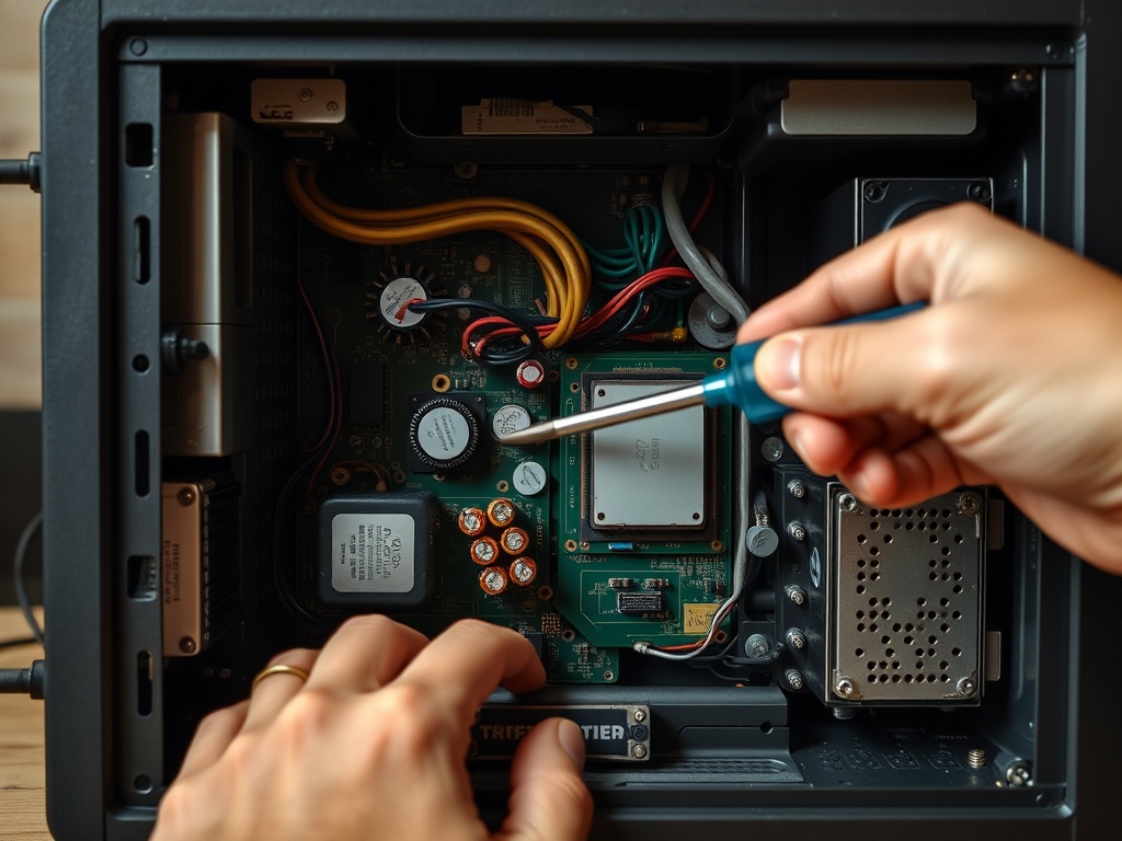 opening retro computer case carefully with screwdriver, internal components visible