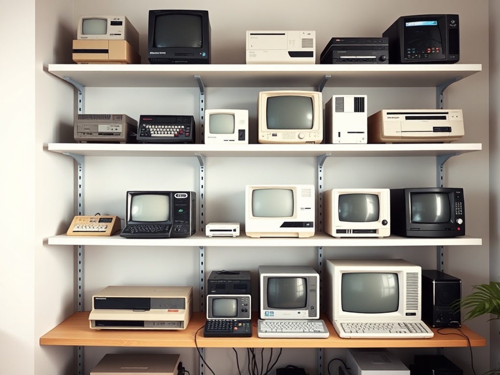 organized retro computer collection on shelves, clean display setup, soft ambient lighting