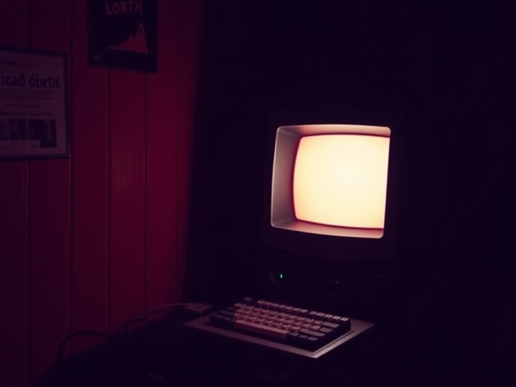 vintage computer powered on glowing screen in dim room, nostalgic atmosphere